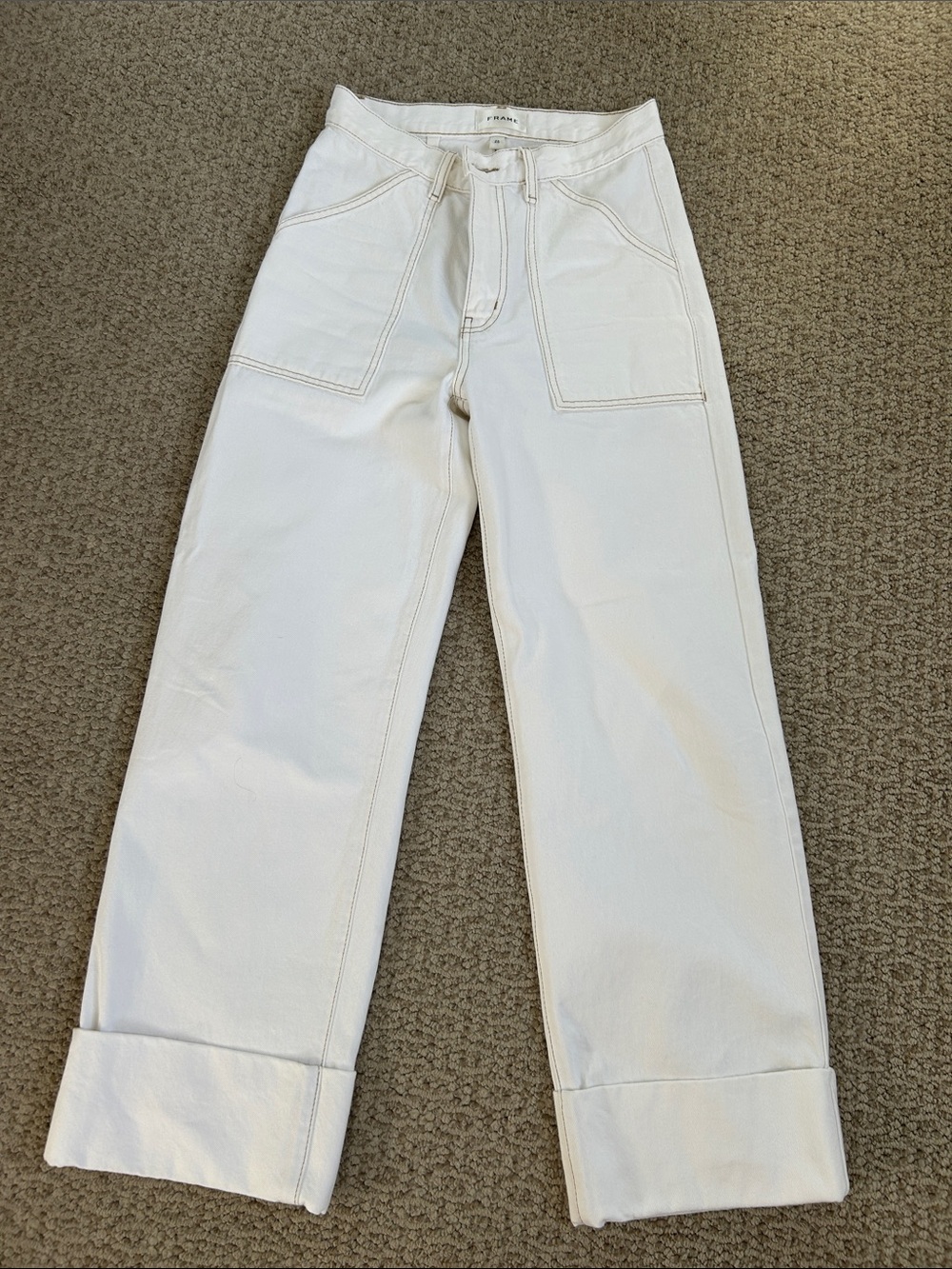 Frame Denim White Straight-Leg Jeans with Cuffed Hem